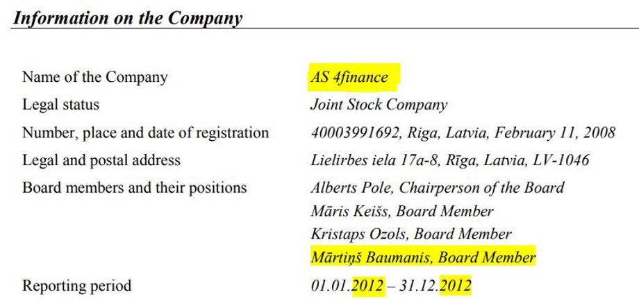 Fragment dokumentu, zgodnie z którym Baumanis podpisany został jako członek zarządu AS 4Finance