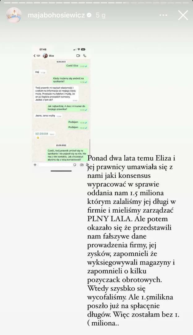 Screen z IG Mai Bohosiewicz przedstawiający rozmowę z właścicielką PLNY Lala i jej komentarz w sprawie