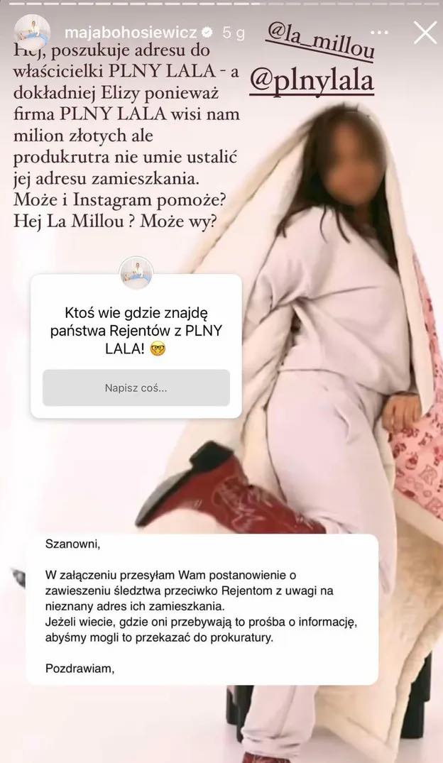 Screen z IG. Maja Bohosiewicz poszukuje twórców marki PLNY Lala w sprawie odzyskania 1,5 mln złotych.