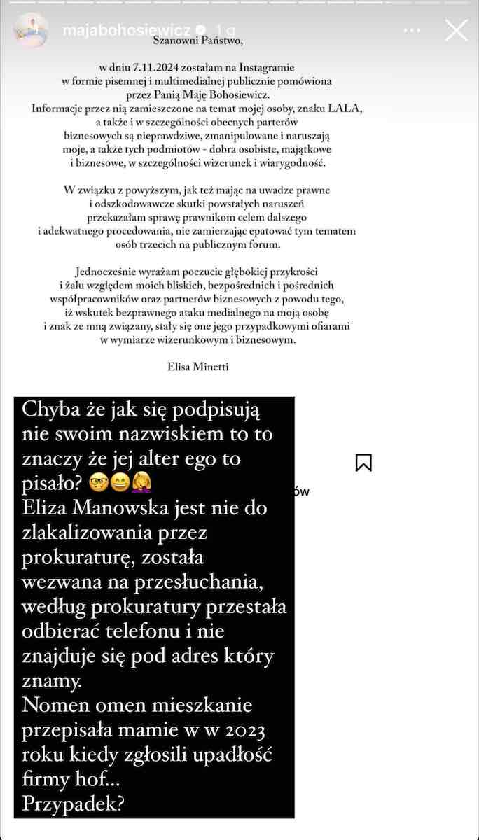 Trwa konflikt na linii Maja Bohosiewicz – PLNY LALA. Po tym jak gwiazda oświadczyła, że straciła 1,5 mln złotych spłacając długi marki, głos zabrała właścicielka brandu, Elisa Minetti. Bohosiewicz szybko zareagowała na te słowa, publikując kolejne oświadczenie. Maja Bohosiewicz odpowiedziała na oświadczenie Elisy Minetti z PLNY Lala.