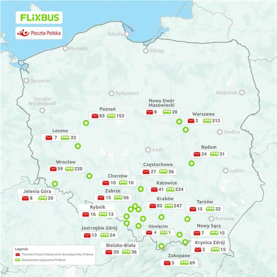 Mapa placówek pocztowych, które sprzedają bilety FlixBusa