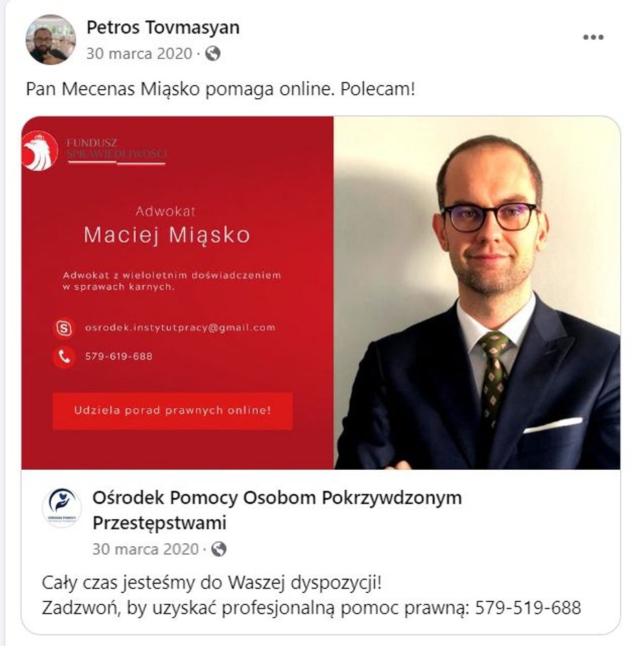 Maciej Miąsko był zaangażowany w Ośrodek Pomocy Osobom Pokrzywdzonym