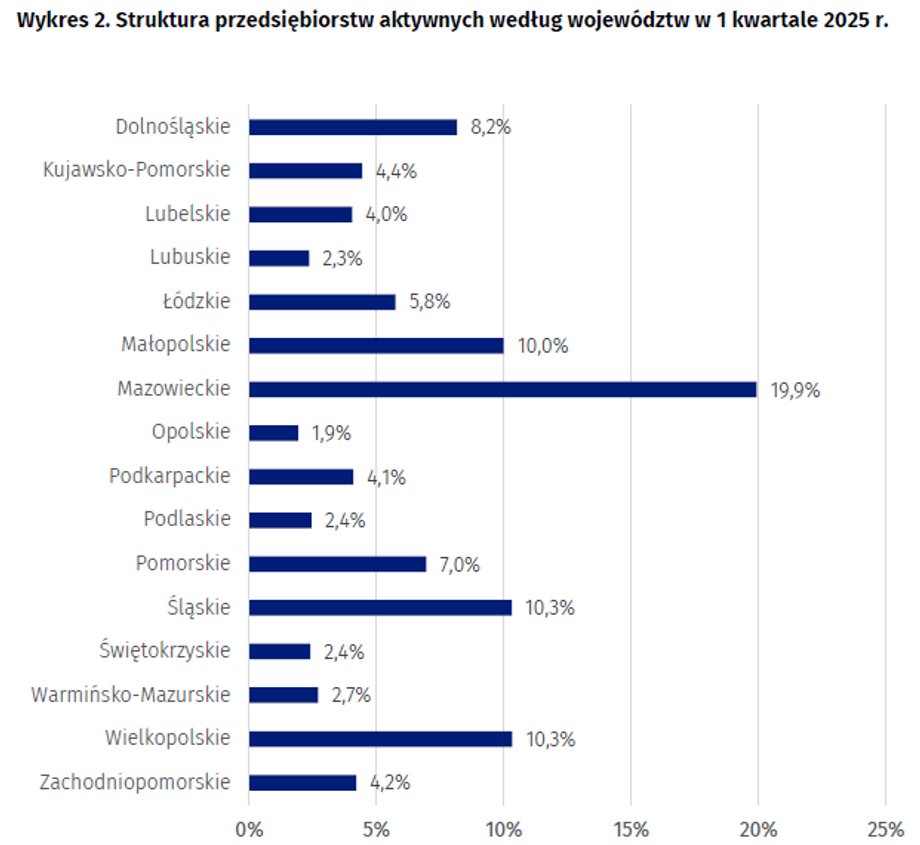 W ciągu ostatniego roku w Polsce odnotowano wzrost o prawie 27 000 aktywnych przedsiębiorstw. Zdecydowana większość z nich to mikroprzedsiębiorstwa. Kompleksowe statystyki opublikowane w poniedziałek przez Główny Urząd Statystyczny ujawniają, w których sektorach działa najwięcej przedsiębiorstw i w których obszarach kraju występuje ich największa koncentracja. Podział geograficzny przedsiębiorstw