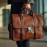 Stylowa, brązowa, skórzana teczka robocza z metalowym zapięciem, trzymana w dłoni przez osobę ubraną w elegancki strój, na tle nowoczesnego wnętrza z dużymi oknami.