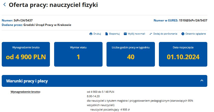 Jedna z wielu ofert pracy dla nauczyciela dostępna w CBOP. /Centralna Baza Ofert Pracy /materiał zewnętrzny
