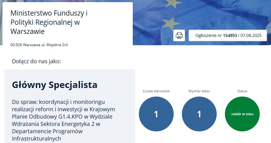 W ministerstwie szukają specjalisty od KPO, screen nabory.kprm.gov.pl /KPRM /materiał zewnętrzny