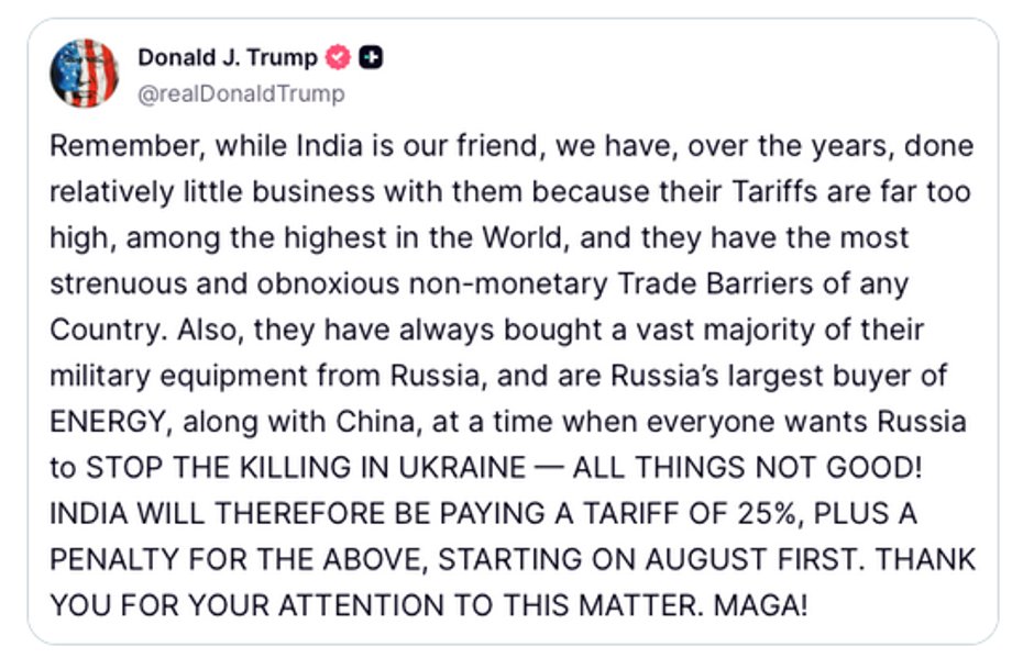 Oświadczenie społeczne Trumpa „Prawda” w sprawie ceł nałożonych na Indie