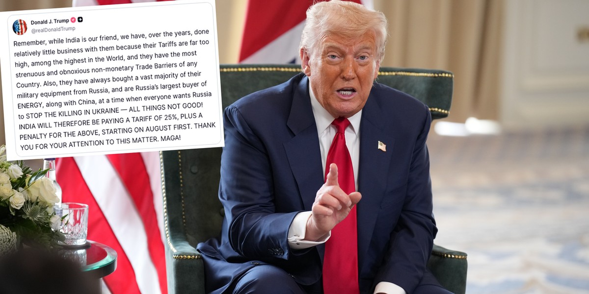 Donald Trump ogłasza podwyższenie ceł na Indie i ostrzega przed karami za import rosyjskiej ropy. Na zdjęciu prezydent USA finalizuje porozumienie z przedstawicielami UE.