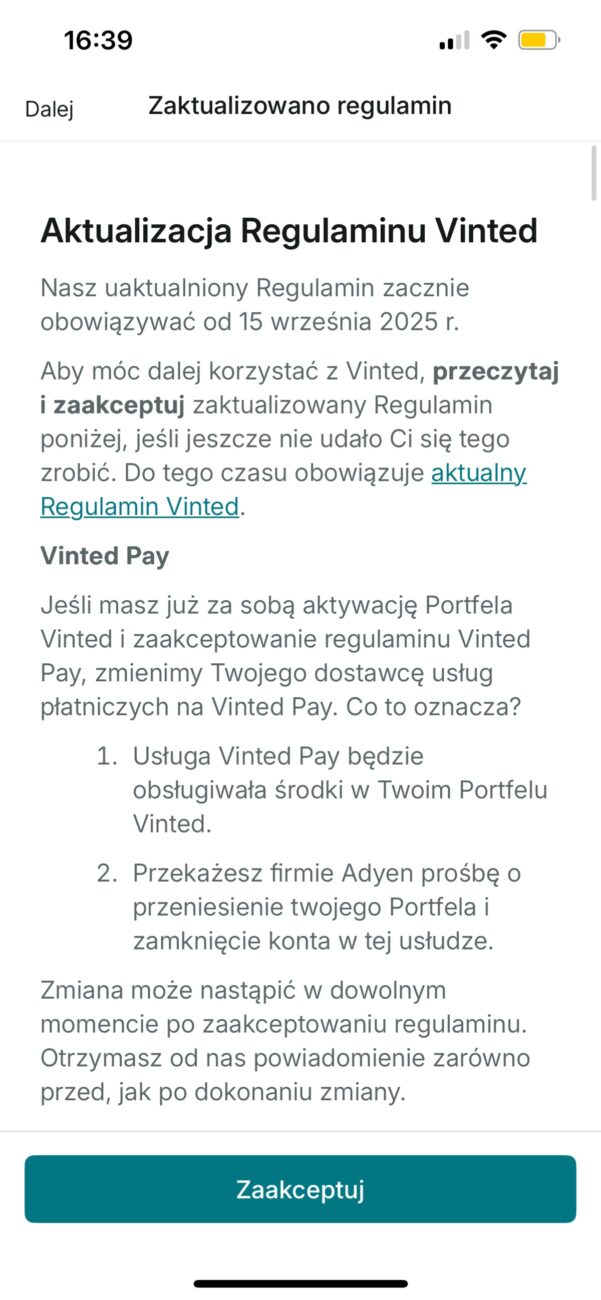 zrzut ekranu wiadomości e-mail o aktualizacji regulaminu Vinted