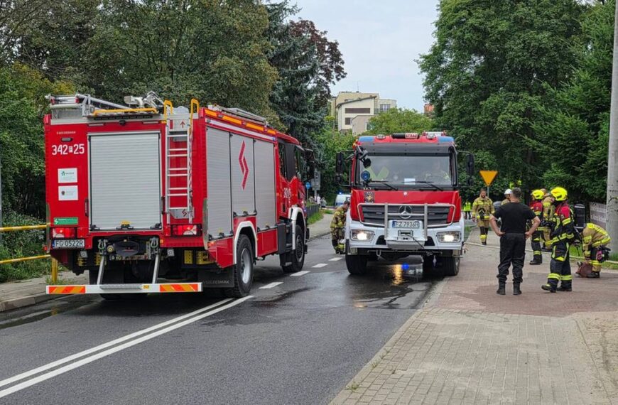 Pożar w szkole podstawowej w Zielonej Górze. Nad miastem unosi się dym.