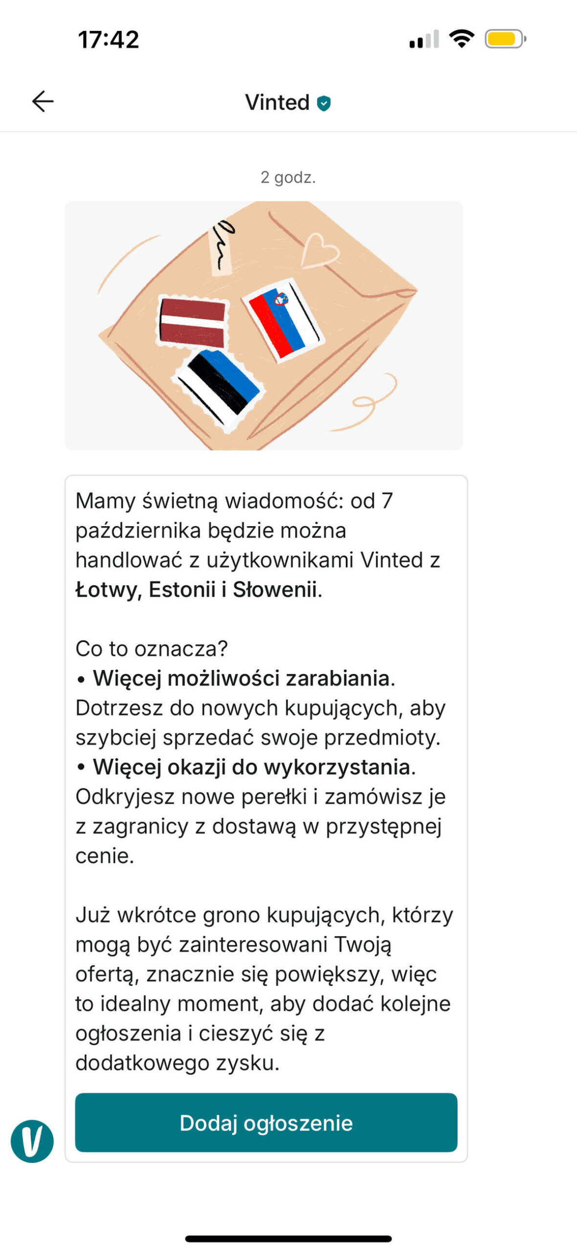 Screen z aplikacji Vinted z komunikatem o nadchodzącej możliwości handlu z Łotwą, Estonią i Słowenią.