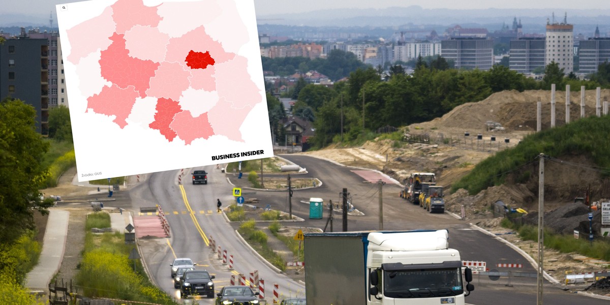 PKB Polski koncentruje się w pięciu województwach. Na zdjęciu widać rozbudowę drogi miejskiej w Krakowie.