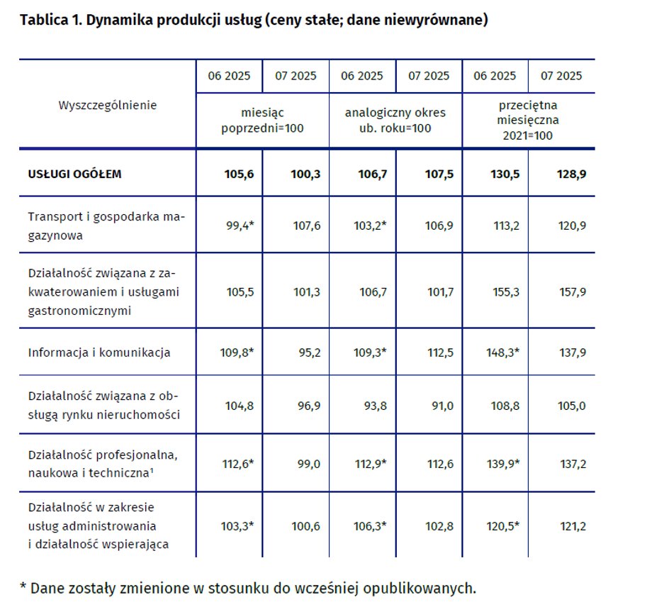 Polska ekonomia w coraz większym stopniu bazuje na sektorze usług, będącym jedynym obszarem, gdzie niedawno obserwowaliśmy nadwyżki w zestawieniu bilansu obrotów handlowych. Urząd Statystyczny zaprezentował w środę najświeższe dane dotyczące dynamiki segmentu usługowego. To pomyślne sygnały. Dynamika produkcji usług w lipcu