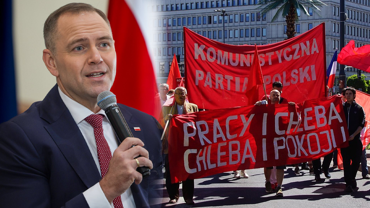 Prezydent Karol Nawrocki złożył pismo do Trybunału Konstytucyjnego w sprawie wyrejestrowania Komunistycznej Partii Polski. Motywacją są odniesienia partii do autorytarnych metod, ideologii komunizmu oraz uciekania się do siły w celu objęcia władzy. Uprzednio identyczny wniosek przedłożył dawny prokurator generalny oraz minister sprawiedliwości Zbigniew Ziobro. Kolaż zdjęć: po lewej polityk przemawia, po prawej marsz z transparentem Komunistycznej Partii Polski.