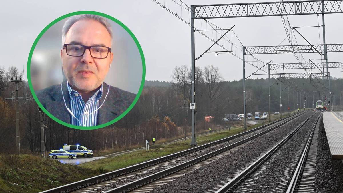 Płk Grzegorz Małecki w okrągłej ramce obok zdjęcia tor&oacute;w kolejowych z radiowozem policyjnym