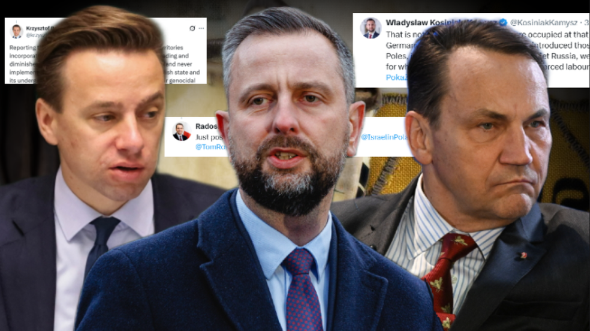 Kolaż zdjęć polityk&oacute;w i fragment&oacute;w wpis&oacute;w w mediach społecznościowych dotyczących kontrowersji wok&oacute;ł Instytutu Jad Waszem.