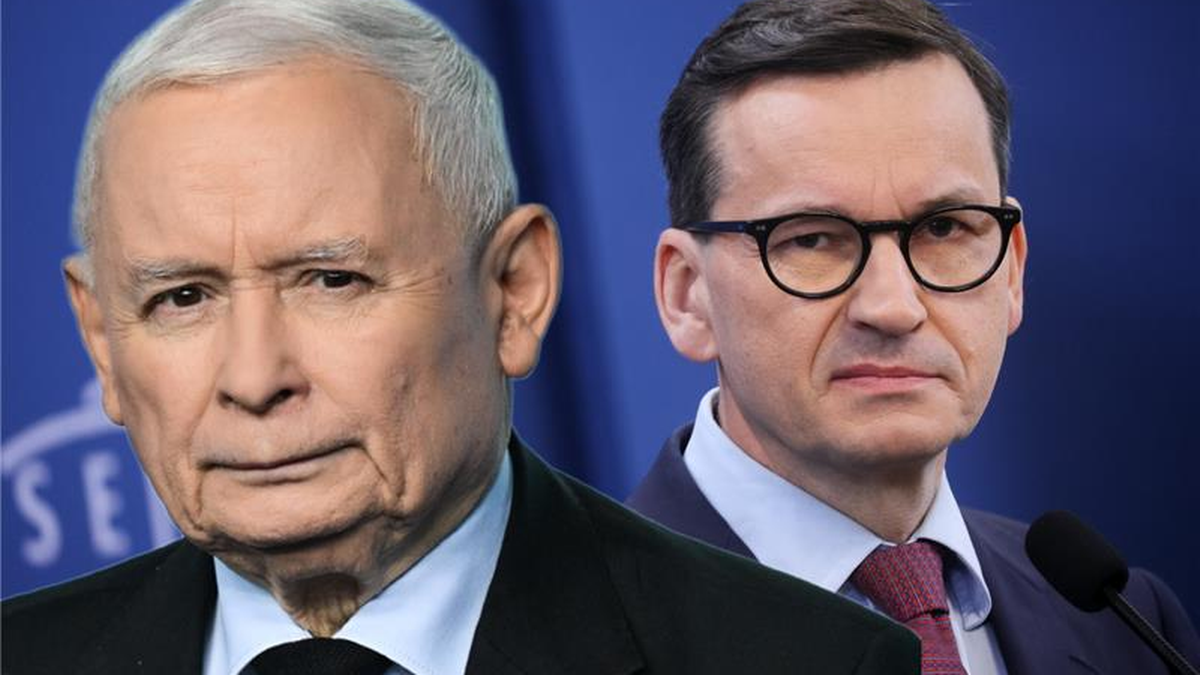 Zdjęcie przedstawia zbliżenie na twarze Jarosława Kaczyńskiego i Mateusza Morawieckiego, politykó;w Prawa i Sprawiedliwości.