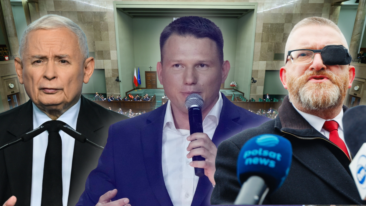 Trzy portrety polityk&oacute;w: Jarosława Kaczyńskiego, Sławomira Mentzena i Grzegorza Brauna, z fragmentem sali sejmowej w tle.