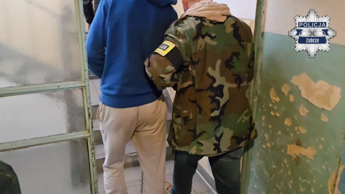 Marcin C., za którym wydano dwa nakazy aresztowania, został schwytany w Zabrzu - oznajmiła tamtejsza Komenda Miejska Policji. "Mężczyzna w trakcie ucieczki zniszczył wóz policyjny i potrącił jednego z funkcjonariuszy" - oświadczyli policjanci. Do ujęcia doszło w jednym z apartamentów, gdzie mężczyzna schował się przed stróżami prawa w tapczanie. Dwóch policjantów prowadzi zatrzymanego mężczyznę w niebieskiej bluzie z kapturem i spodniach dresowych w korytarzu budynku.