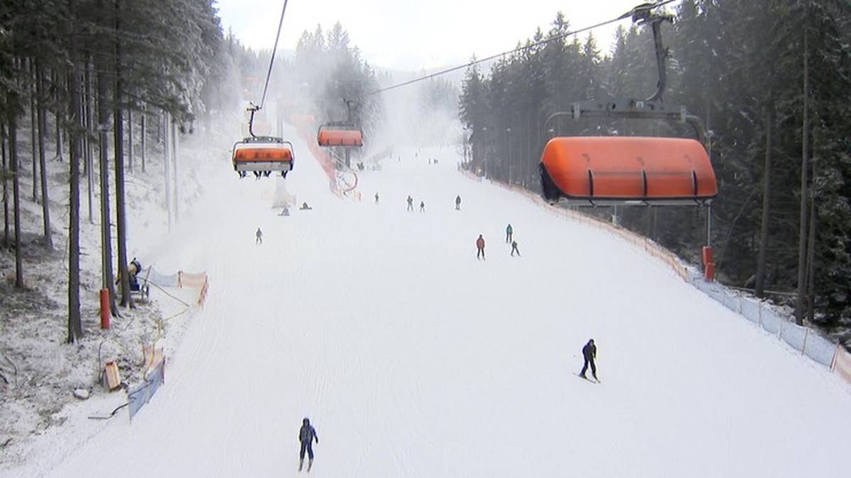 Ośnieżony stok narciarski z kolejką linową i narciarzami, w tle widoczne drzewa pokryte śniegiem.