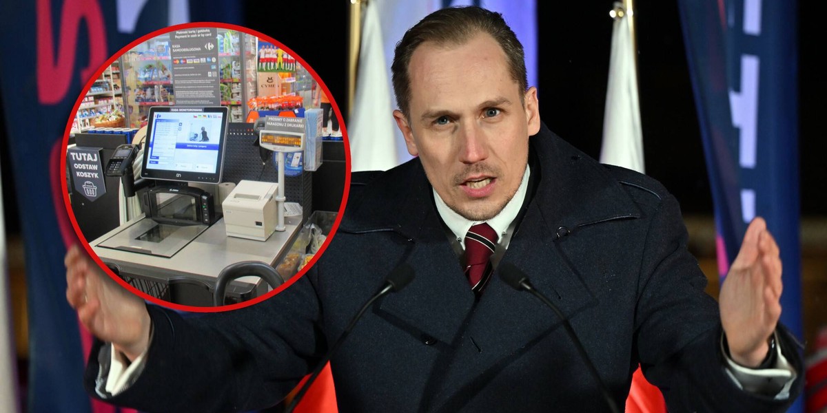 Konrad Berkowicz i kasa samoobsługowa w Biedronce