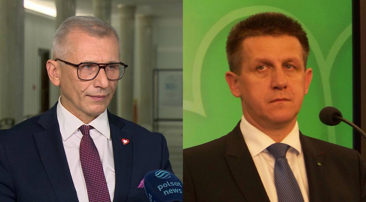 Stołeczny Sąd Okręgowy wydał orzeczenia w sprawie dotyczącej obsadzania etatów w Najwyższej Izbie Kontroli. Poprzedni szef NIK, a aktualnie senator KO Krzysztof Kwiatkowski otrzymał wyrok ośmiu miesięcy pozbawienia wolności z warunkowym zawieszeniem, a były lider klubu PSL Jan Bury na pół roku, także w systemie zawieszenia kary. Sąd orzekł również dla obu polityków kary finansowe. Kwiatkowski ogłosił zamiar zaskarżenia wyroku. Zestawienie dwóch mężczyzn w formalnych strojach. Mężczyzna po lewej ma okulary i bordowy krawat, trzyma mikrofon. Mężczyzna po prawej ma ciemne włosy i niebieski krawat.