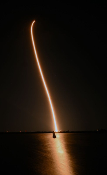 A timed exposure of the SpaceX Falcon 9 rocket as it launches 29 Starlink satellites on mission 6-87 at 10:21p.m. EST from Launch Complex 40 at the Cape Canaveral Space Force Station, Fla., on Monday. This is the first launch to comply with the FAA mandate to limit commercial launch activity between the hours of 10 p.m. and 6 a.m. Photo by Joe Marino/UPI