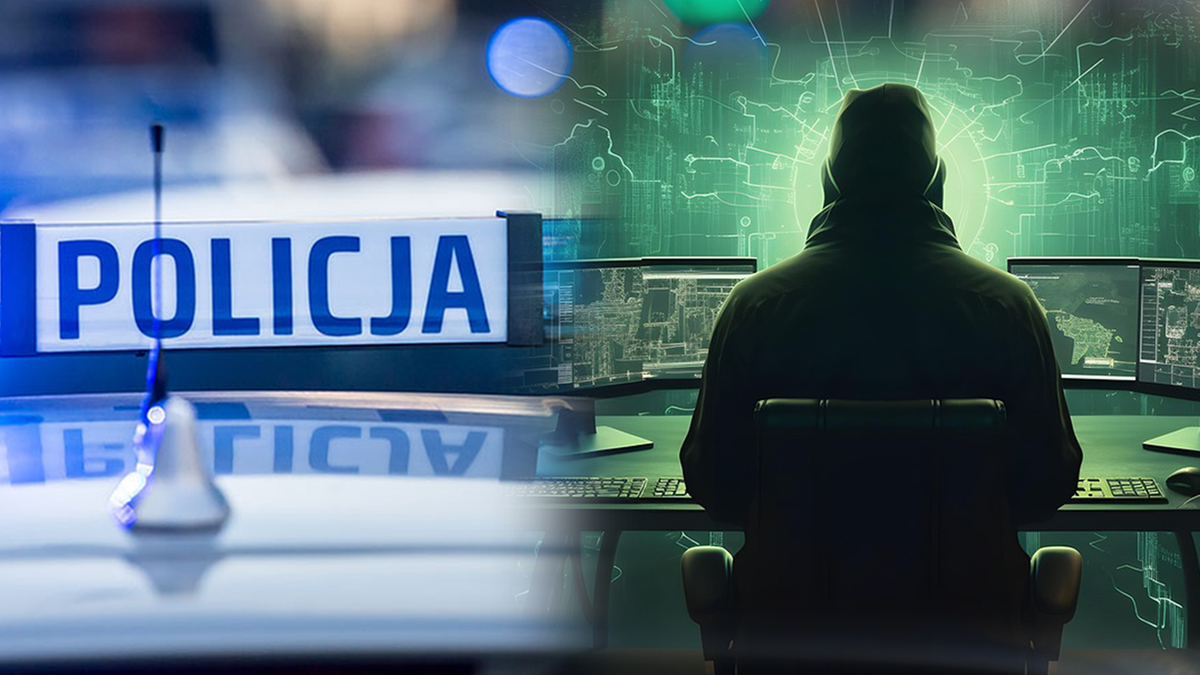 Grafika przedstawiająca policyjny radiow&oacute;z i sylwetkę hakera przy komputerze.