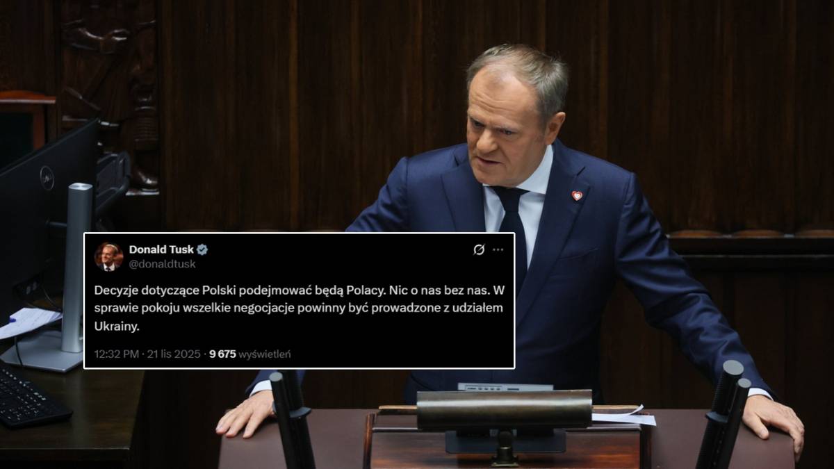 "Decyzje dotyczące Polski zapadać będą przez Polaków" - oznajmił na platformie X Donald Tusk, nawiązując do propozycji pokojowych Stanów Zjednoczonych dla Ukrainy. "Nic o nas bez nas. W kwestii pokoju wszelkie rokowania winny być prowadzone z udziałem Ukrainy" - stwierdził premier, komentując rozmowy amerykańsko-rosyjskie. Premier Donald Tusk przemawia w Sejmie RP, na ekranie widoczny jest jego tweet.
