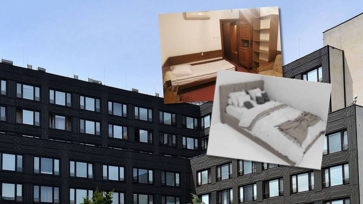 Przedstawienie nowoczesnych wnętrz pokoj&oacute;w hotelowych z ł&oacute;żkiem i meblami oraz fragment budynku sejmowego.