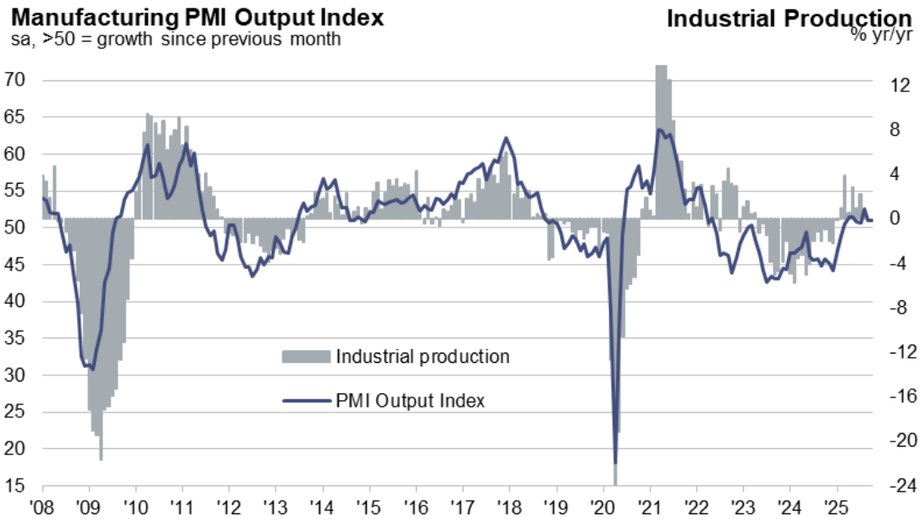 Indeks PMI dla sektora wytwórczego strefy euro osiągnął w październiku wartość 50 pkt, co stanowi newralgiczną granicę oddzielającą ekspansję od kurczenia się. Październik stanowił ósmy kolejny miesiąc, w którym odnotowano wzrost wytwórczości w obszarze euro. Podwyższony poziom produkcji został osiągnięty pomimo stagnacji w nowych zamówieniach. Strefa euro: PMI balansuje, produkcja trwa ósmy miesiąc. - INFBusiness