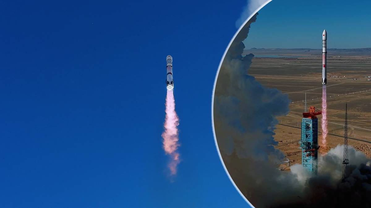 Dwie grafiki przedstawiające start chińskiej rakiety. Na pierwszej rakieta wznosi się na tle błękitnego nieba, pozostawiając za sobą r&oacute;żowy smugę spalin. Na drugiej grafice widoczna jest rakieta startująca z platformy kosmicznej, otoczona dymem i płomieniami.