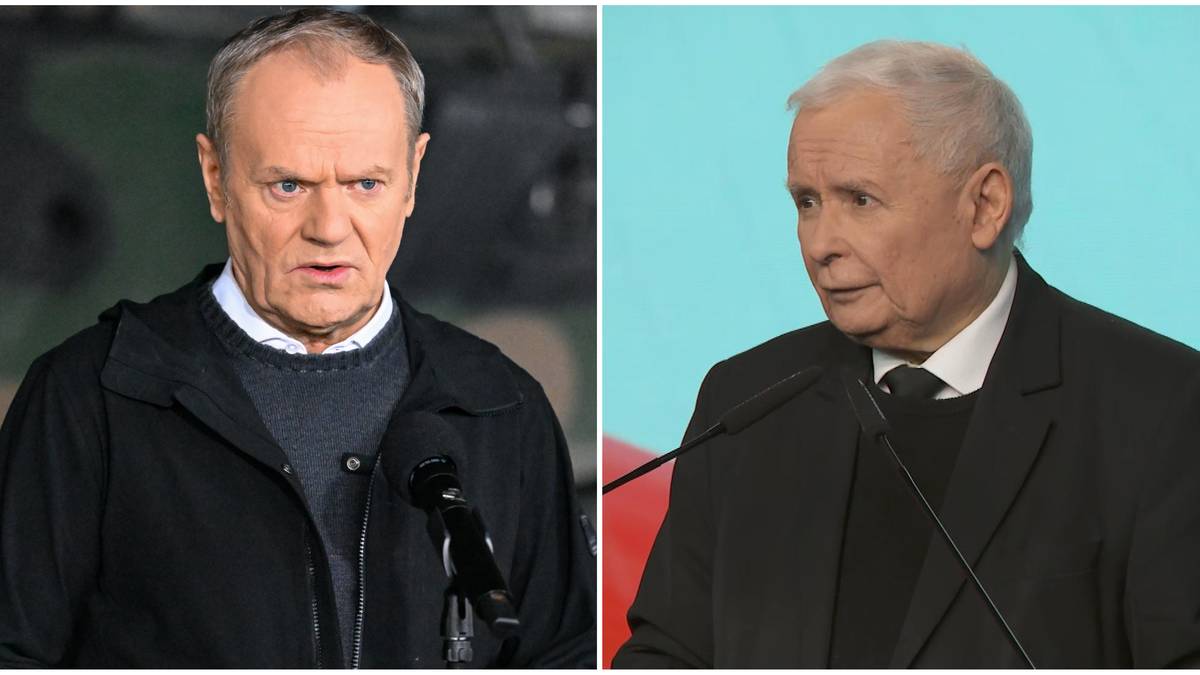 Zdjęcie przedstawia zestawienie Donalda Tuska i Jarosława Kaczyńskiego.