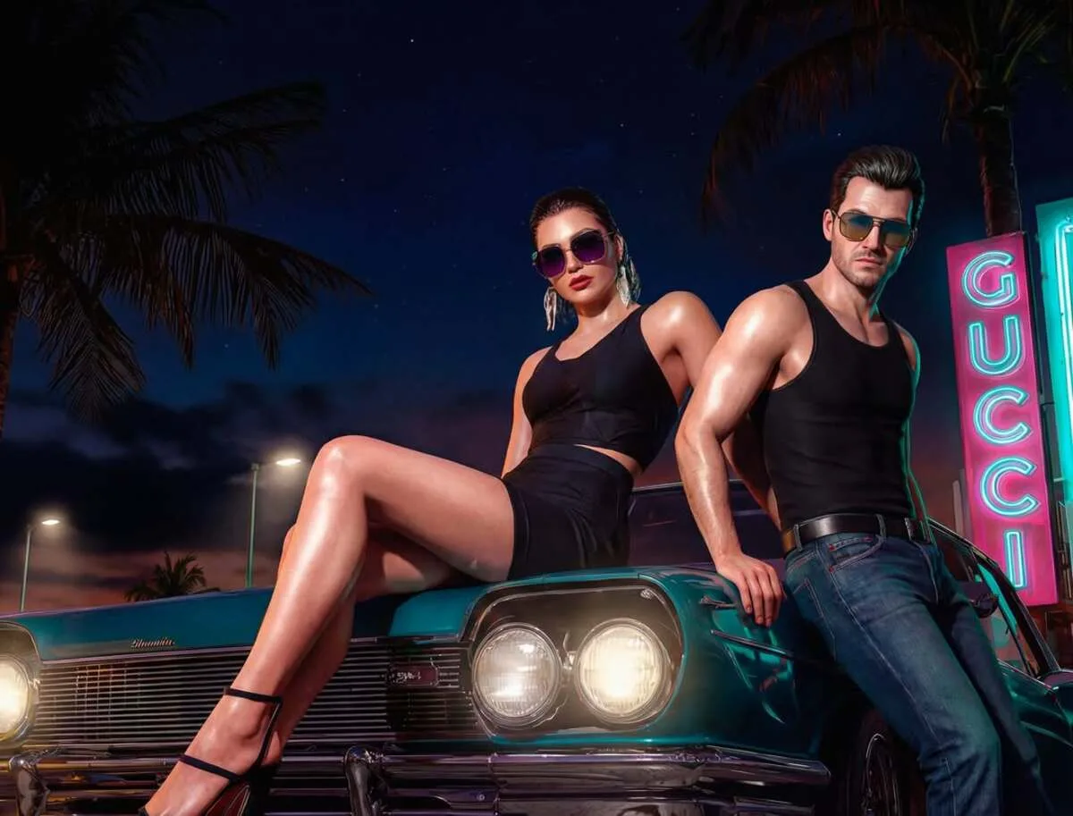 Gucci AI. Obrazy wygenerowane przez AI w kampanii Gucci przed Milan Fashion Week – stylizowane postacie przy klasycznym samochodzie.