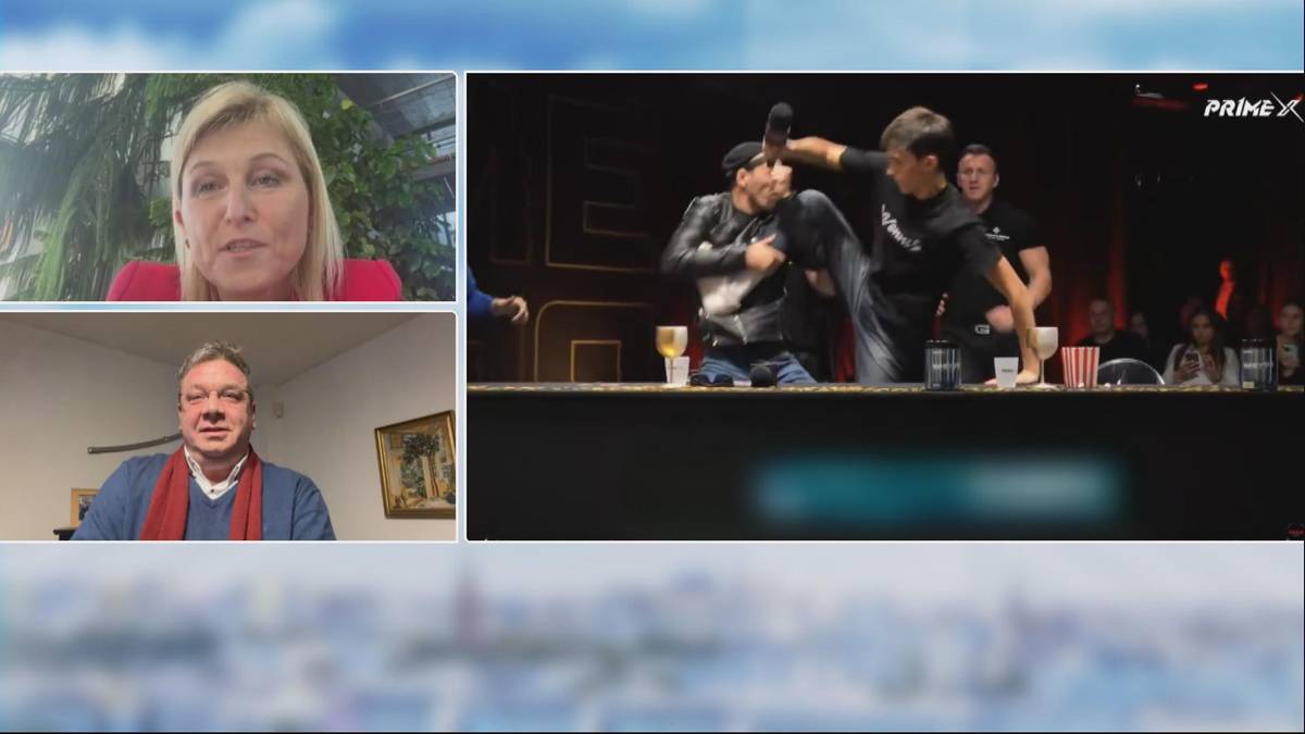 Trzy panele wideo prezentujące rozmowę polityk&oacute;w na temat projektu ustawy o zakazie patostreamingu. G&oacute;rny lewy panel pokazuje kobietę, dolny lewy panel mężczyznę, a prawy panel scenę konfrontacji.