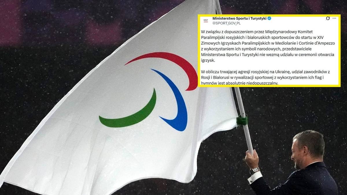 Biała flaga z logo paraolimpijskim i ż&oacute;łty komunikat Ministerstwa Sportu i Turystyki obok.