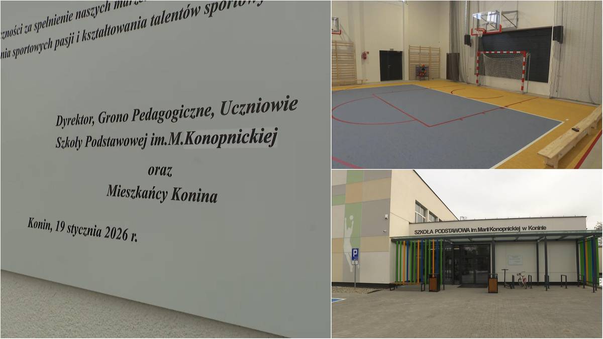 Fragment tablicy z podziękowaniami dla w&oacute;jta Adama Jarugi oraz zdjęcie nowej sali gimnastycznej i wejścia do szkoły w Koninie.