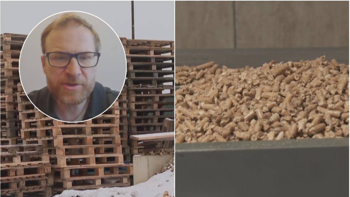 Mężczyzna na tle palet i zbliżenie na pellet drzewny.