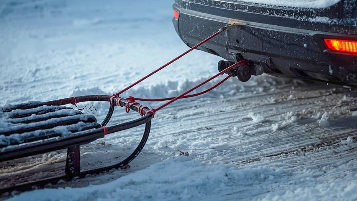 Sanki ciągnięte za tył samochodu po zaśnieżonej drodze.