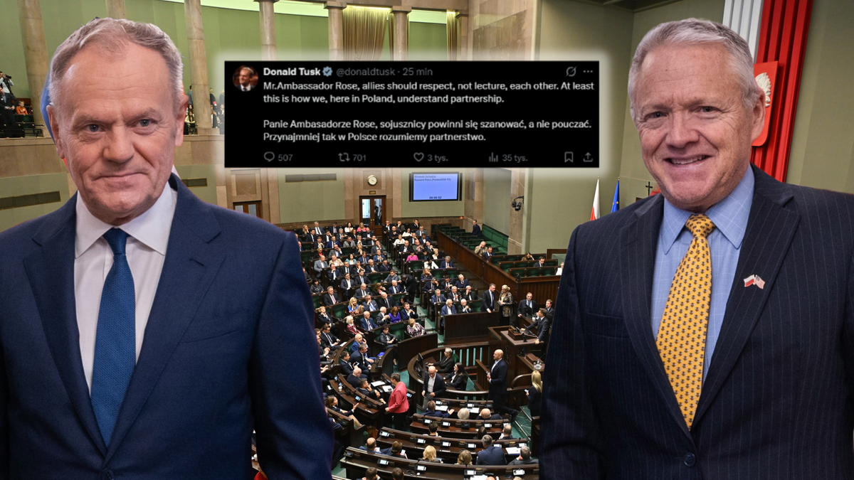 Kolaż zdjęć premiera Donalda Tuska i ambasadora USA Toma Rose'a z tweetem Donalda Tuska na tle sali sejmowej.