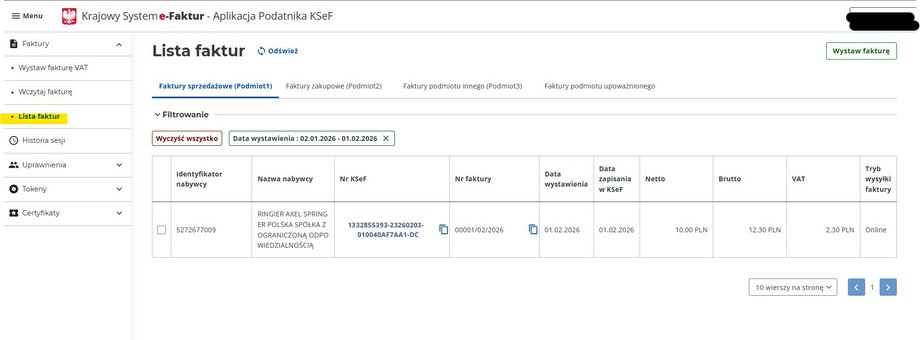 Pierwsza e-faktura na liście faktur