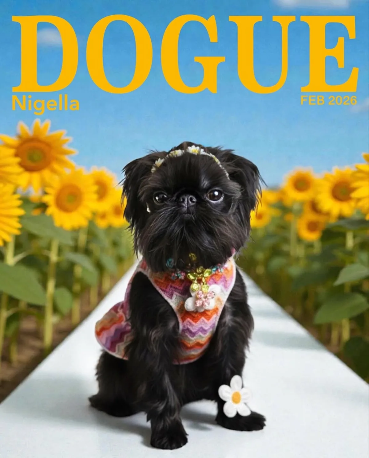 Okładka magazynu „Dogue” stylizowana na „Vogue”: czarny pies w barwnej stylizacji na tle słoneczników, spory tytuł „DOGUE”.