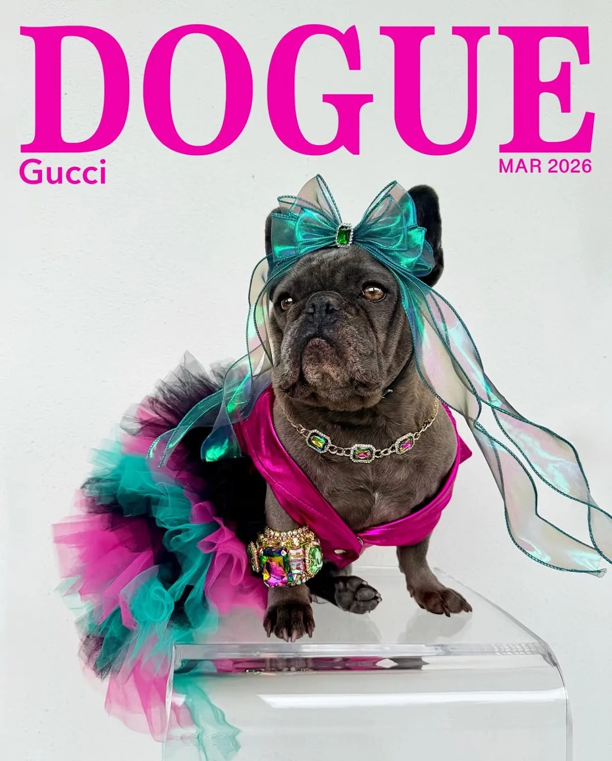 Okładka „Dogue” z psem ubranym w ekstrawagancki strój i biżuterię, z charakterystycznym logotypem nawiązującym do „Vogue”.