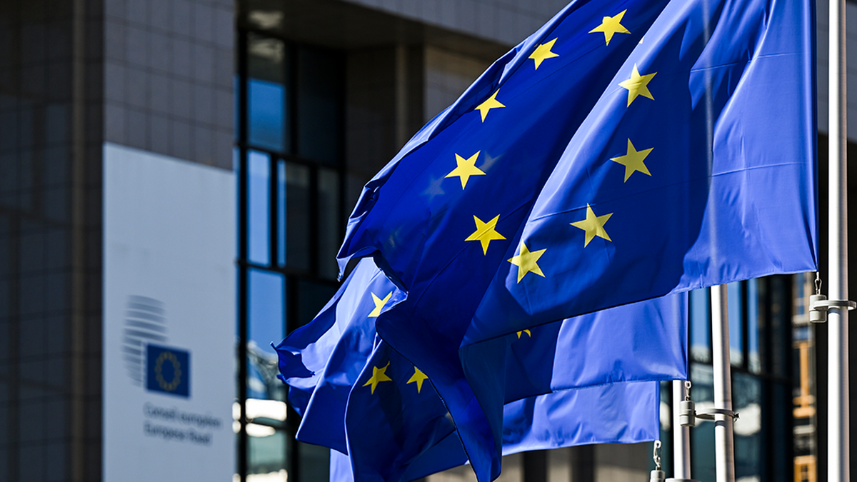 Flagi Unii Europejskiej powiewające przed budynkiem.