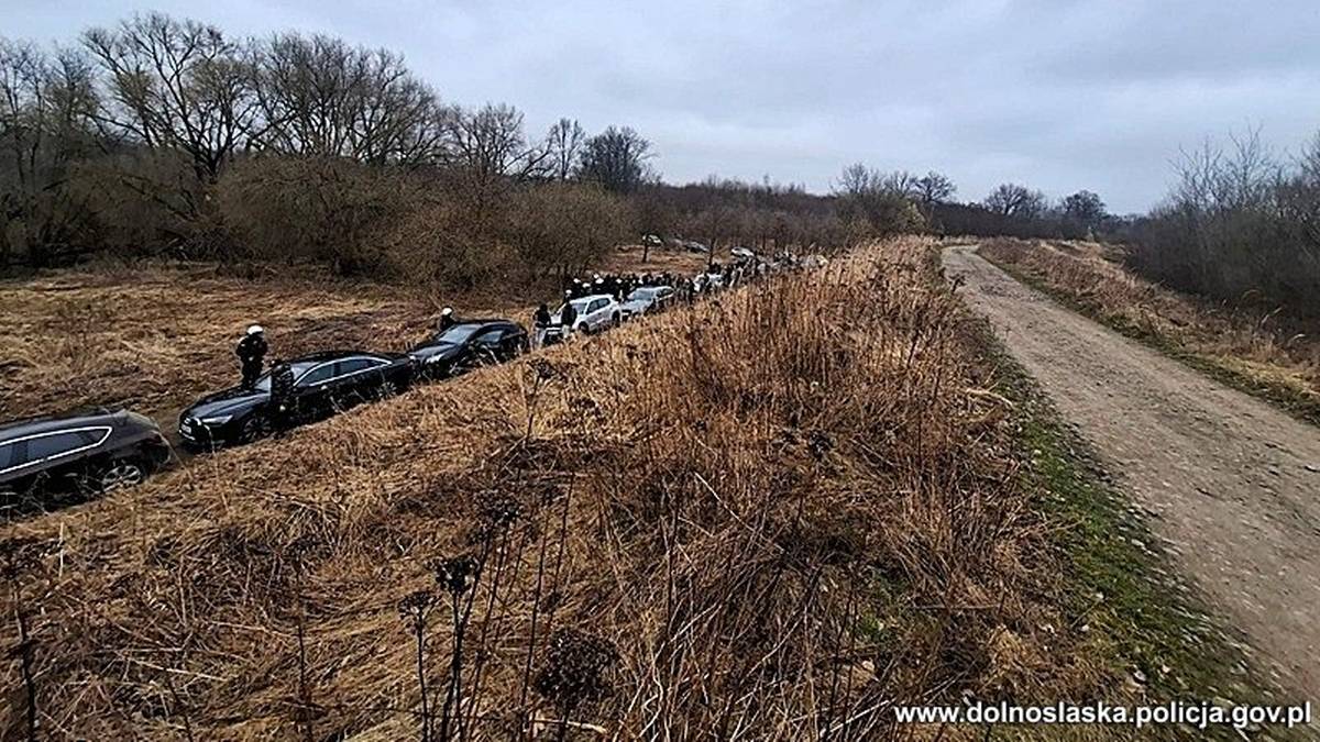Rząd samochodów zaparkowanych w terenie zadrzewionym, obok drogi gruntowej, z widocznymi ludźmi w tle.