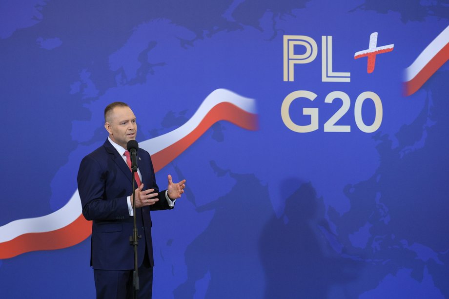 Prezydent Karol Nawrocki na uroczystości powołania Rady ds. Biznesu, 25 marca w Pałacu Prezydenckim w Warszawie. Podczas uroczystości mówił również o udziale Polski w G20