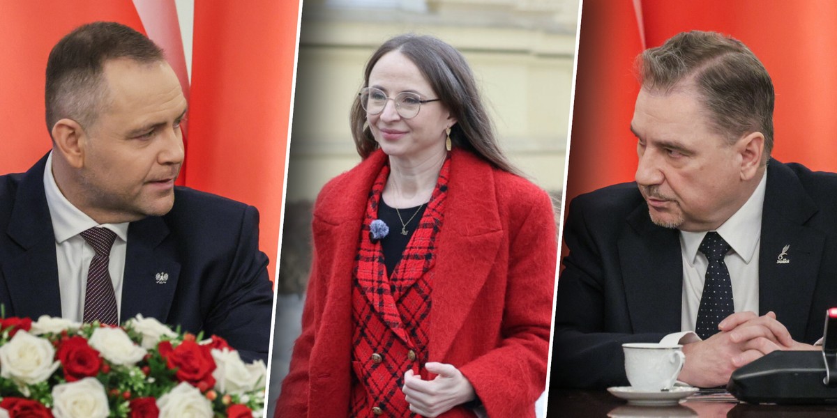 Prezydent Karol Nawrocki, minister Agnieszka Dziemianowicz-Bąk i Piotr Duda szef Solidarności