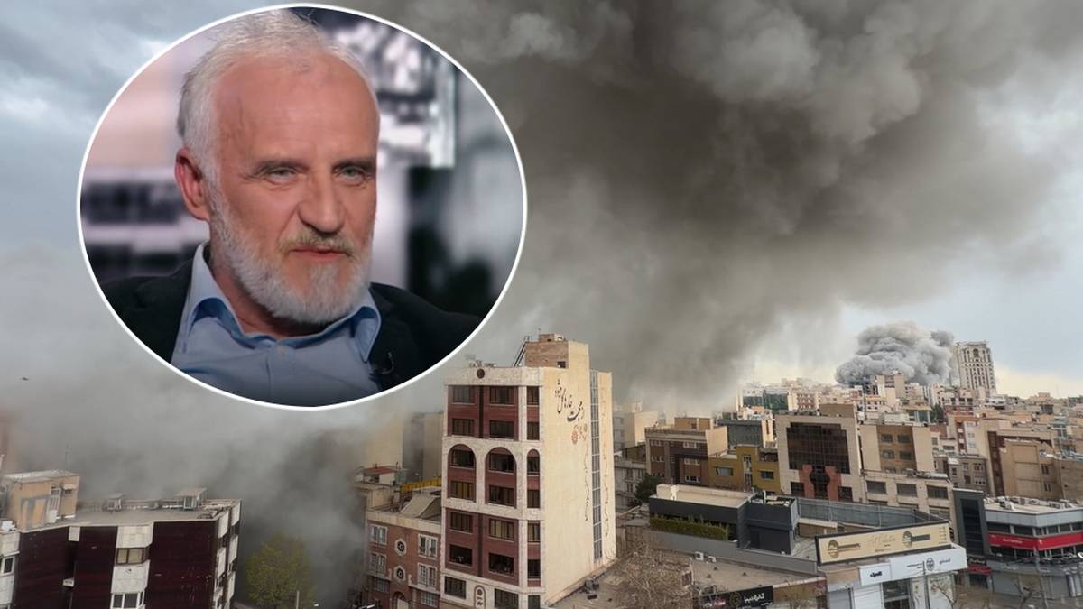 Portret mężczyzny w okręgu na tle panoramy miasta z unoszącym się dymem.