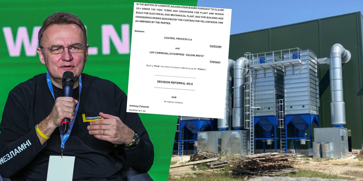 Burmistrz Lwowa Andrij Sadowy (z lewej), bliski ukończenia zakład przetwarzania odpadów we Lwowie (z prawej) i screen z decyzji sądu arbitrażowego przy FIDIC