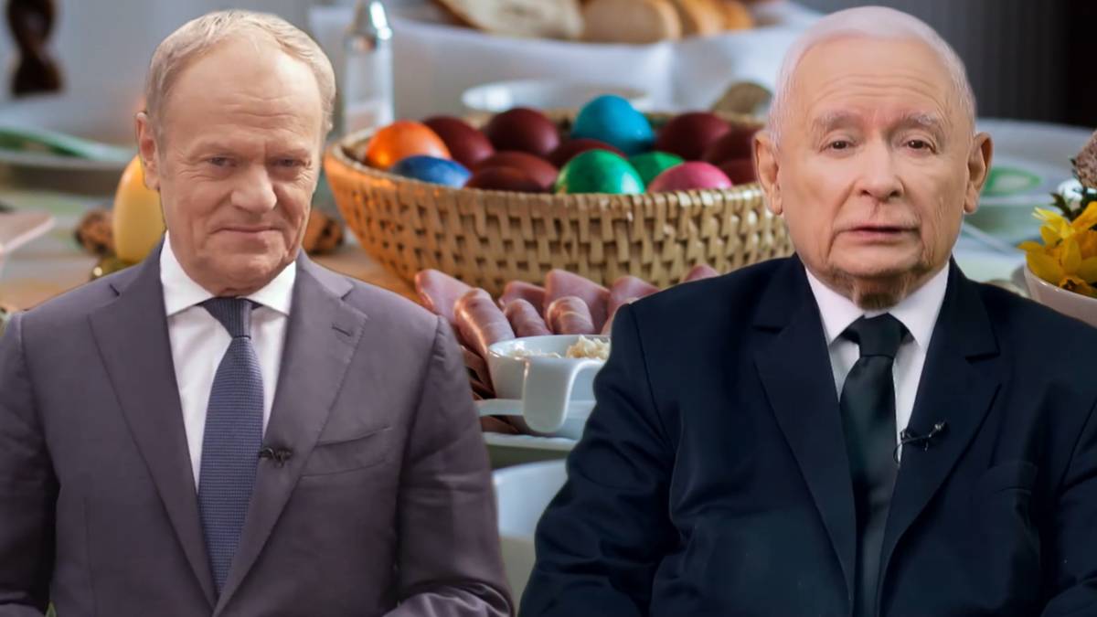 Donald Tusk i Jarosław Kaczyński na tle wielkanocnych dekoracji.